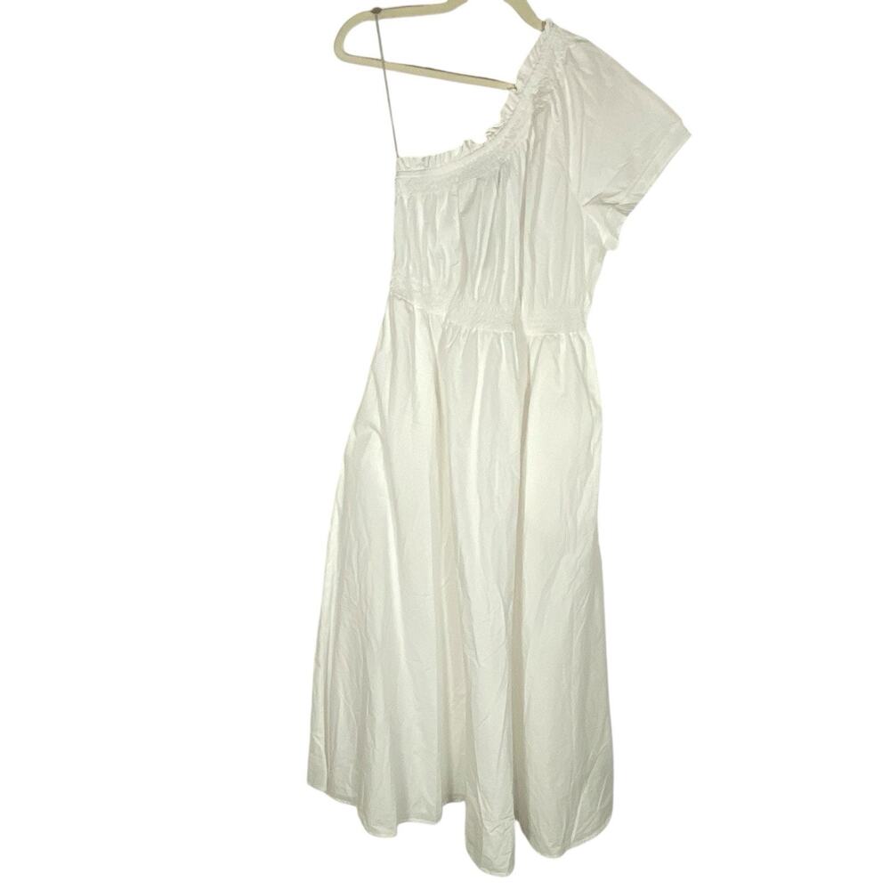J Crew White Cotton Dress One Shoulder Smocked Poplin Long Sz Small‎ Beachy NEW